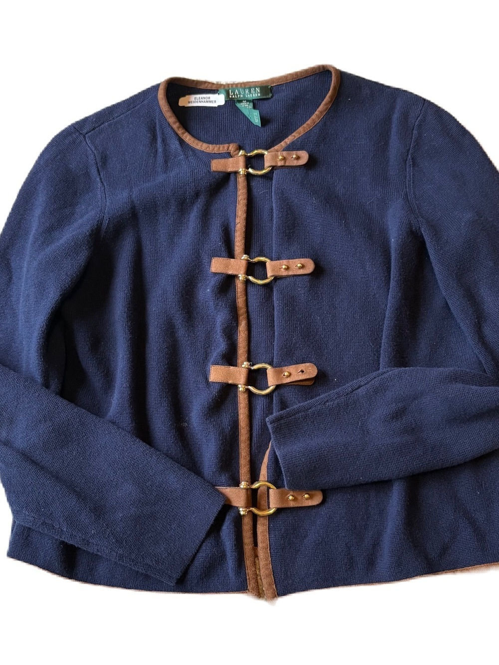 Lauren Ralph Lauren Navy Blue Buckled Sweater Cardigan Brown Trim Medium
